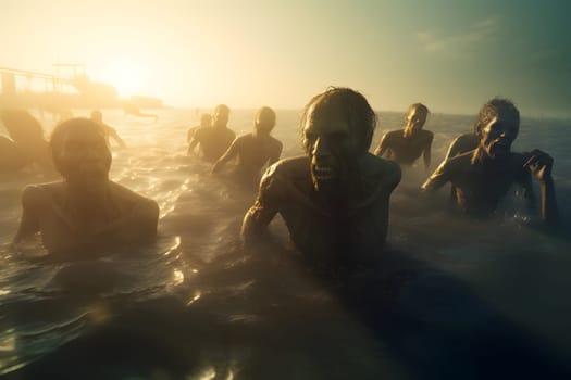 group of zombies in water at sunrise or sunset. Neural network generated image. Not based on any actual person or scene.