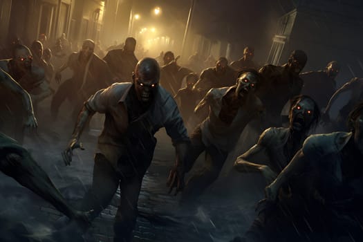 Large group of zombies running at suburbs street at rainy night. Neural network generated image. Not based on any actual person or scene.