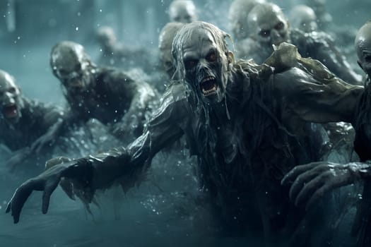 group of zombies in water in flooded street at rainy night. Neural network generated image. Not based on any actual person or scene.