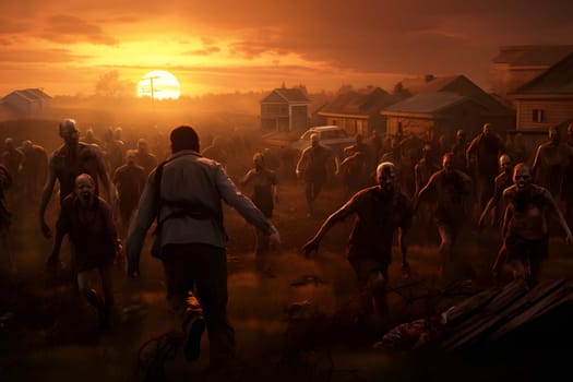 human figure in front of group of zombies at sunset in countryside street. Neural network generated image. Not based on any actual person or scene.