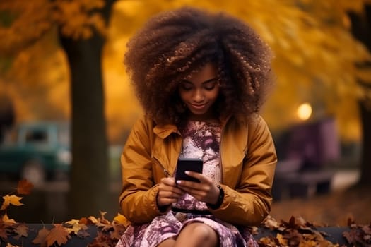 African American young adult woman sitting on the ground in fallen autumn maple leaves looking in her cellphone. AI generated image. Not based on any actual person or scene.
