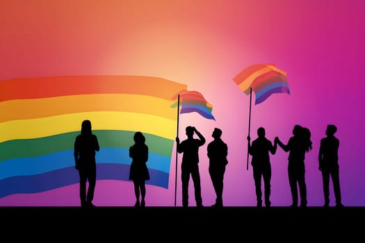 silhouettes of people group raising LGBT flag with their hand in the air. Neural network generated in May 2023. Not based on any actual person, scene or pattern.