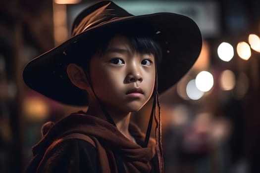 close portrait of young asian boy dressed in costume for halloween party. Neural network generated in May 2023. Not based on any actual person, scene or pattern.