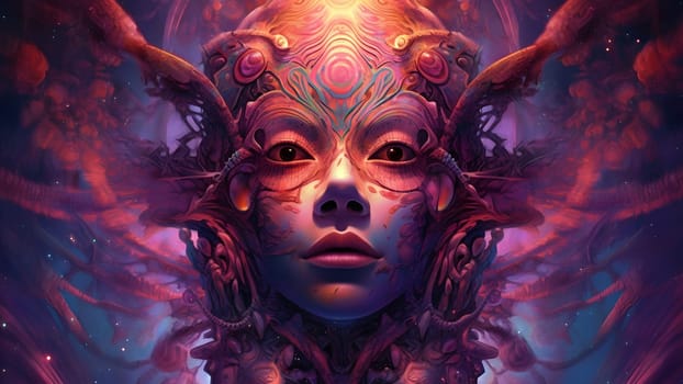 psychedelic woman full face colorful portrait. Neural network generated in May 2023. Not based on any actual scene or pattern.
