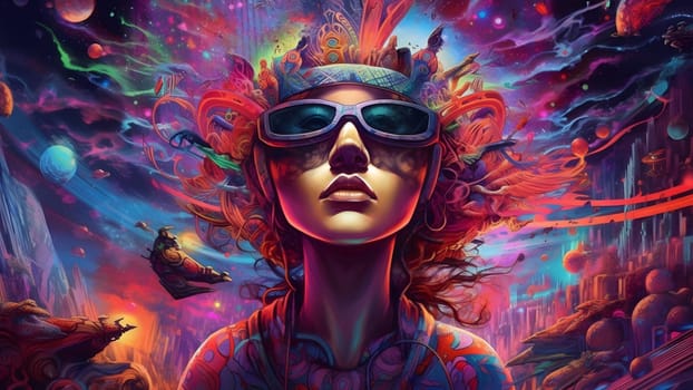 psychedelic woman full face colorful portrait. Neural network generated in May 2023. Not based on any actual scene or pattern.