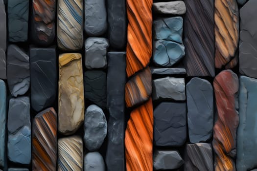 seamless background and texture of different colorful rocks mosaic flat surface. Neural network generated in May 2023. Not based on any actual scene or pattern.