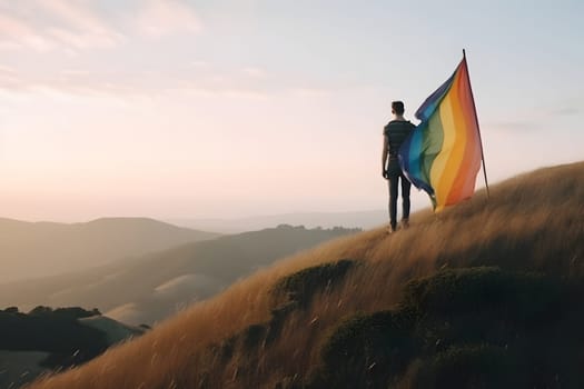 person standing on top of the hill and holding the LGBT pride flag. Neural network generated in May 2023. Not based on any actual person, scene or pattern.