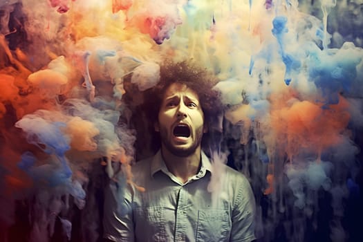 A man standing in front of a cloud of colored smoke and screaming scared. Neural network generated in May 2023. Not based on any actual person, scene or pattern.