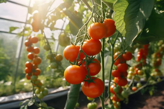 ripe green tomatoes hanging in a greenhouse. Neural network generated in May 2023. Not based on any actual scene or pattern.