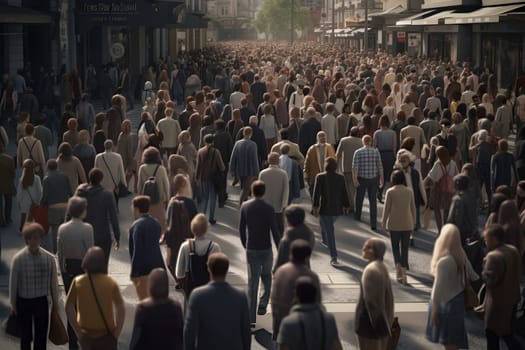 crowd of people walking on city street at summer morning. Neural network generated in May 2023. Not based on any actual person, scene or pattern.
