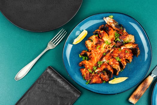 Roasted fillets of mackerel fish. Fried mackerel fish.