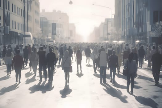 crowd of people walking on city street at foggy morning. Neural network generated in May 2023. Not based on any actual person, scene or pattern.