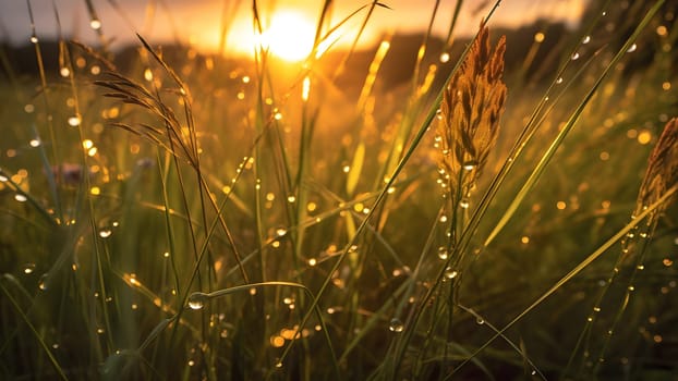 dew drops on morning grass at summer sunrise in the wild meadow. Neural network generated in May 2023. Not based on any actual scene or pattern.