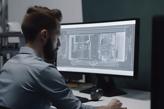Over the Shoulder view of an Engineer Working with CAD Software using tw large computer screen. Neural network generated in May 2023. Not based on any actual person, scene or pattern.