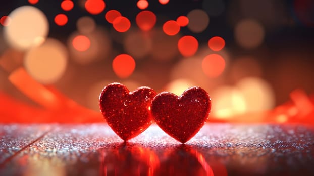 Saint Valentine day greeting card background with two red hearts against festive bokeh. Neural network generated in May 2023. Not based on any actual scene or pattern.