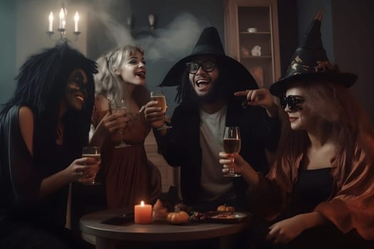 Happy young people drinking and having fun at domestic halloween party with costumes. Neural network generated in May 2023. Not based on any actual person, scene or pattern.