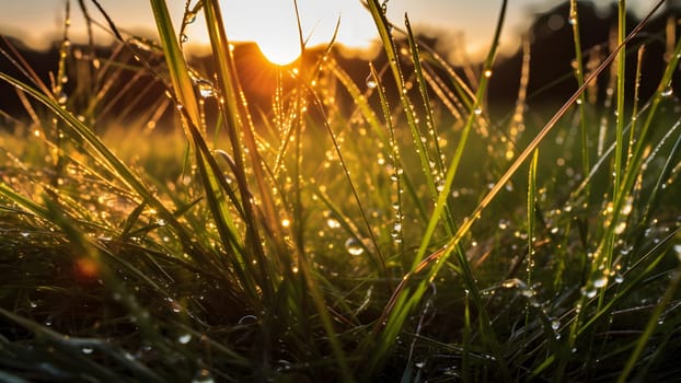 dew drops on morning grass at summer sunrise in the wild meadow. Neural network generated in May 2023. Not based on any actual scene or pattern.