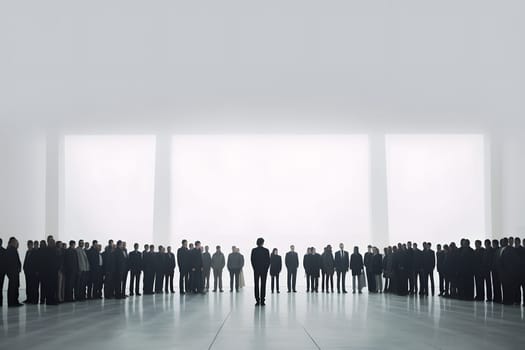 big crowd of people in large white room. Neural network generated in May 2023. Not based on any actual person, scene or pattern.