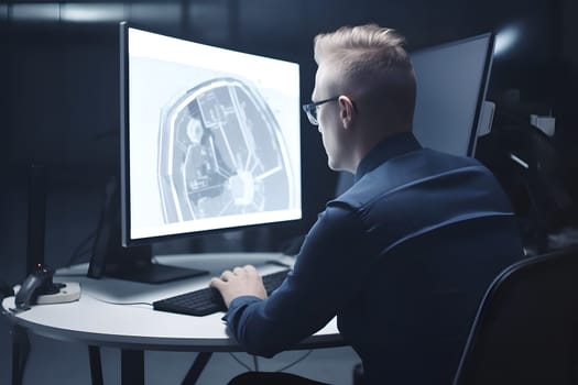 Over the Shoulder view of an Engineer Working with CAD Software using large computer screen. Neural network generated in May 2023. Not based on any actual person, scene or pattern.