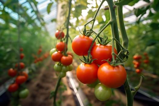 ripe green tomatoes hanging in a greenhouse. Neural network generated in May 2023. Not based on any actual scene or pattern.