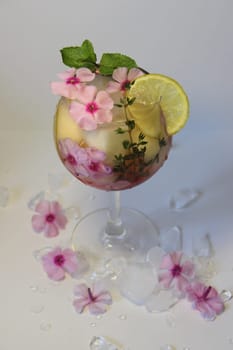 In a glass glass, a chilled lemon drink with ice cubes, a sprig of mint and flowers, a close-up view from an angle