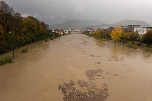 Villach, Austria - October 30th, 2018: Floodwater at rather high levels hits the town after widespread heavy rainfalls, pushing the city close to a catastrophe