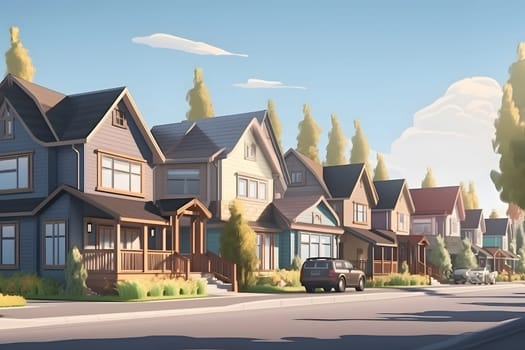Perfect American neighborhood. Houses in suburban area at summer day. Neural network generated in May 2023. Not based on any actual person, scene or pattern.