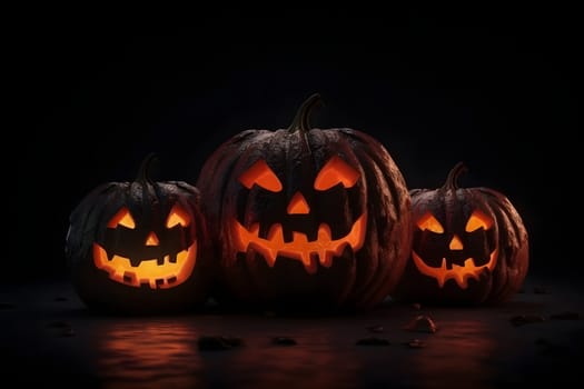 Happy Halloween. Group of black glowing in the dark jack-o-lanterns on black background. Neural network generated in May 2023. Not based on any actual person, scene or pattern.