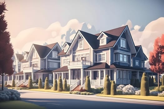 Perfect American neighborhood. Houses in suburban area at summer day. Neural network generated in May 2023. Not based on any actual person, scene or pattern.