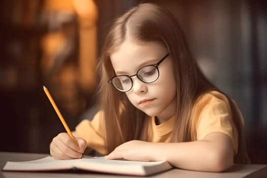 education and school concept - little blonde caucasian student girl studying at evening in home. Neural network generated in May 2023. Not based on any actual person, scene or pattern.