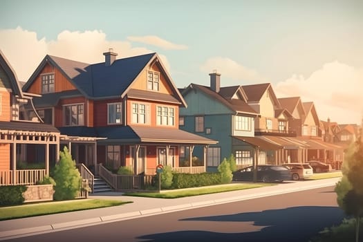 Perfect American neighborhood. Houses in suburban area at summer day. Neural network generated in May 2023. Not based on any actual person, scene or pattern.