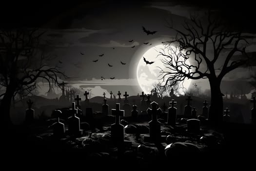 Halloween Night Mystery Graveyard with large orange moon of sun in the sky. Neural network generated in May 2023. Not based on any actual person, scene or pattern.
