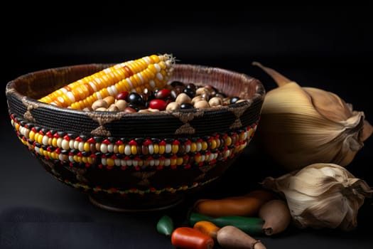 Kwanzaa - afro-american holiday. Corn bowl and harvest on black background. Neural network generated in May 2023. Not based on any actual person, scene or pattern.