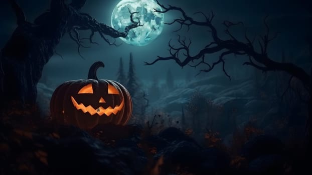 Halloween background. Spooky pumpkin in dark forest with moon. Neural network generated in May 2023. Not based on any actual person, scene or pattern.