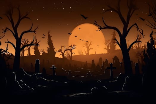 Halloween Night Mystery Graveyard with large orange moon of sun in the sky. Neural network generated in May 2023. Not based on any actual person, scene or pattern.