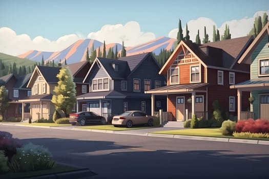 Perfect American neighborhood. Houses in suburban area at summer day. Neural network generated in May 2023. Not based on any actual person, scene or pattern.