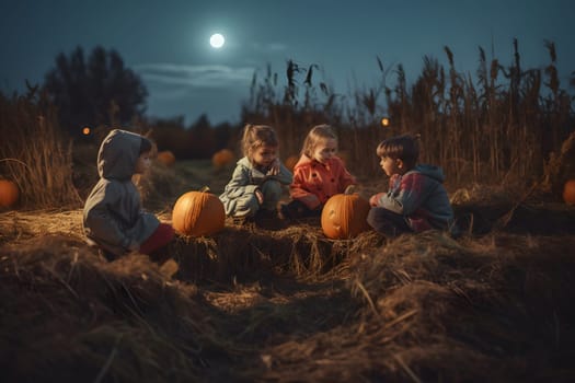 Halloween Celebration Fun Party in rustic night field. Group of caucasian kids with jack-o-lanterns in Halloween. Neural network generated in May 2023. Not based on any actual person or scene.