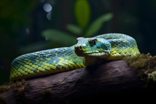 Bush Viper snake on moss covered fallen wood. Neural network generated in May 2023. Not based on any actual person, scene or pattern.