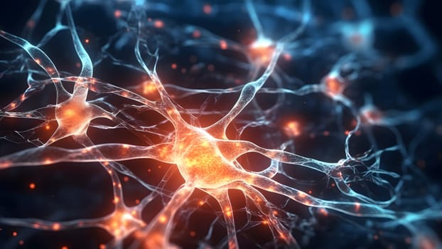 glowing brain neural cells connected in biological neural network. Neural network generated in May 2023. Not based on any actual scene or pattern.