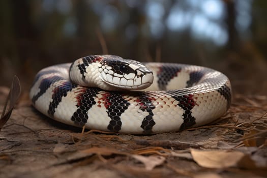 Kingsnake wide full body view on the ground at autumnal day. Neural network generated in May 2023. Not based on any actual person, scene or pattern.