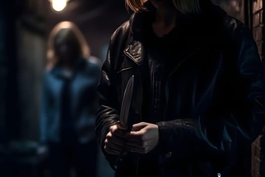 closeup view of of woman holding knife in hand in dark backalley. Neural network generated in May 2023. Not based on any actual person, scene or pattern.