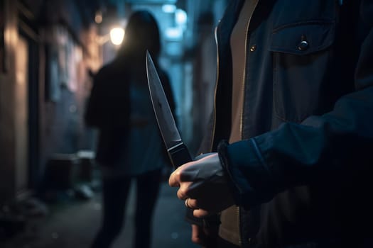 closeup view of of man holding knife in hand in dark backalley. Neural network generated in May 2023. Not based on any actual person, scene or pattern.