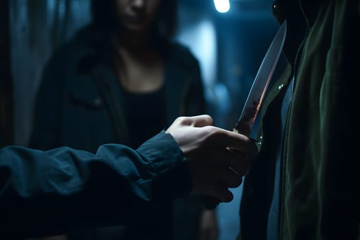 closeup view of of man holding knife in hand in dark backalley. Neural network generated in May 2023. Not based on any actual person, scene or pattern.