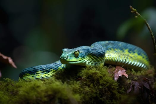 Bush Viper snake on moss covered fallen wood. Neural network generated in May 2023. Not based on any actual person, scene or pattern.