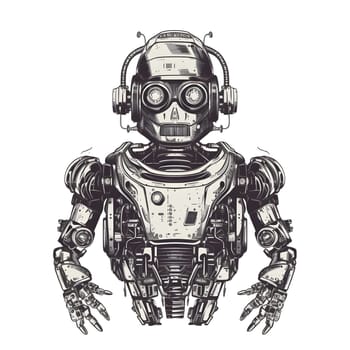 cool cartoonish robot for t-shirt print design on white background. Neural network generated in May 2023. Not based on any actual person, scene or pattern.