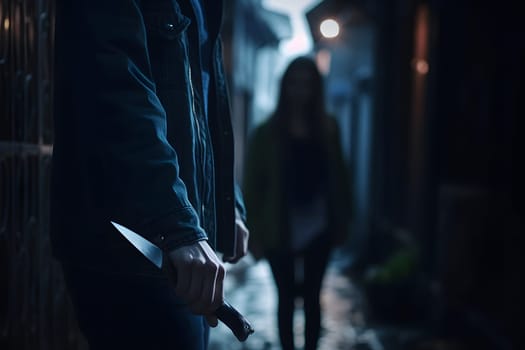 closeup view of of man holding knife in hand in dark backalley. Neural network generated in May 2023. Not based on any actual person, scene or pattern.