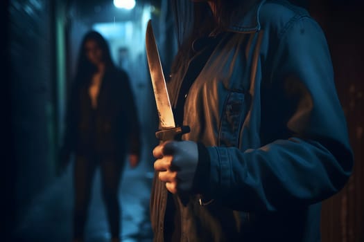 closeup view of of woman holding knife in hand in dark backalley. Neural network generated in May 2023. Not based on any actual person, scene or pattern.