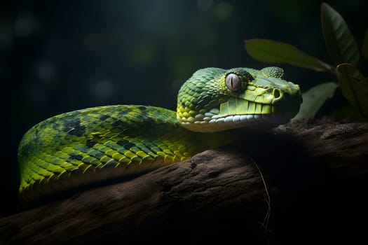 Bush Viper snake on moss covered fallen wood. Neural network generated in May 2023. Not based on any actual person, scene or pattern.