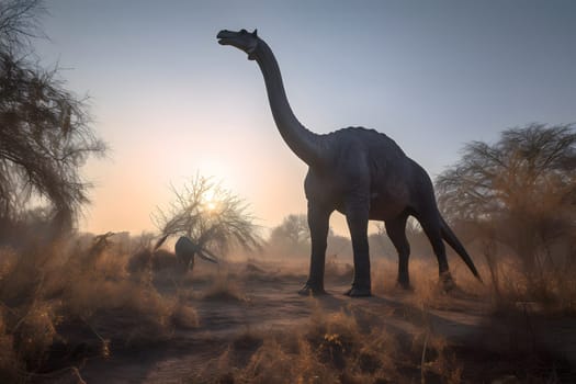 Brontosaurus wide angle view full body portrait at summer day light. Neural network generated in May 2023. Not based on any actual scene or pattern.