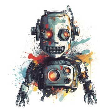 cool cartoonish robot for t-shirt print design on white background. Neural network generated in May 2023. Not based on any actual person, scene or pattern.